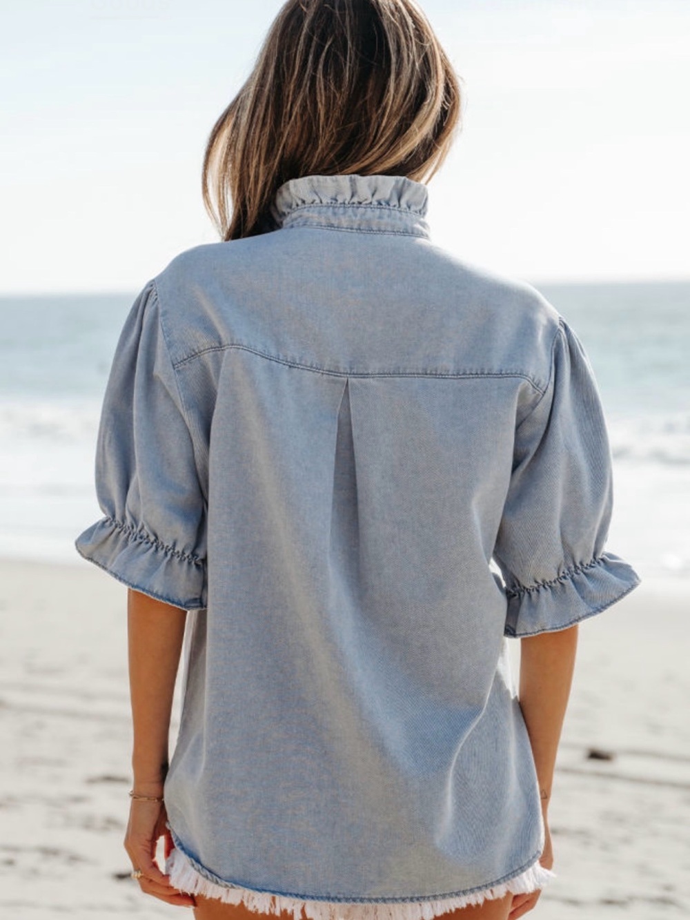 Ruffle short puff sleeve Women's Top - Picture 2 of 7